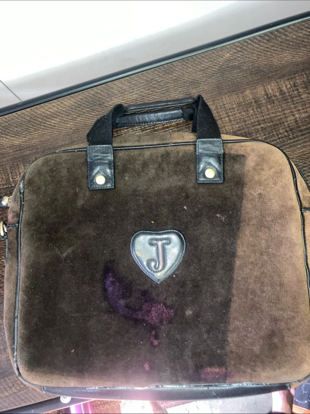 Juicy Couture Brown Velvet Crest Laptop Bag with Cream Embroidery